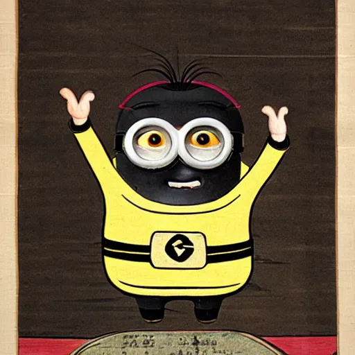 Prompt: ancient Japanese painting of a despicable me minion in battle