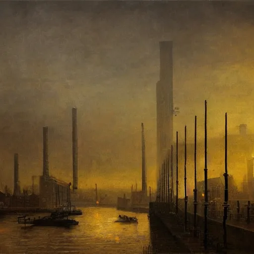 Image similar to Industrial London cityscape, art noveau, golden fog