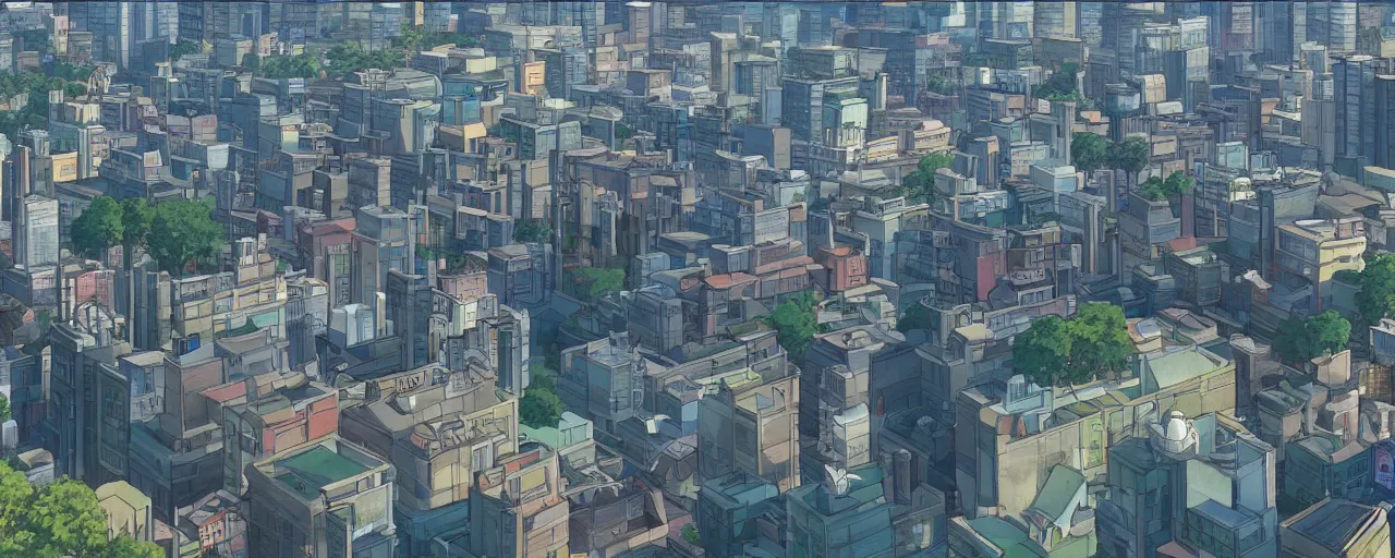 Image similar to A screenshot of the seoul city view in the scene in the Ghibli anime film, pretty rim highlights and specular