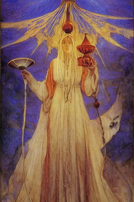 Image similar to queen of the dawn with her lantern, by Annie Swynnerton and Nicholas Roerich and jean delville, dramatic cinematic lighting , ornate headdress , flowing robes, lost civilizations, extremely detailed