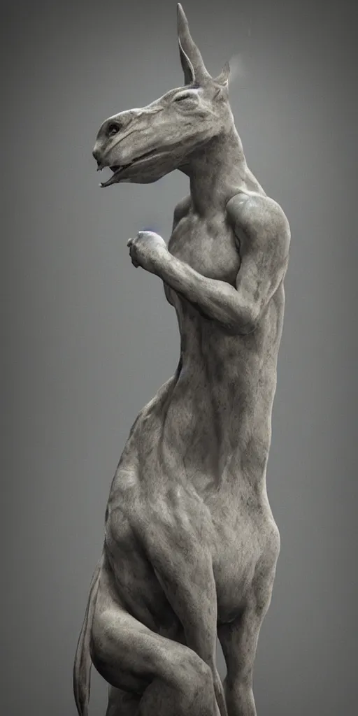 Image similar to weird marble animal statue close up in a dark room, creepy and eerie athmosphere, mist, godrays, photorealistic, highly detailed, unreal engine