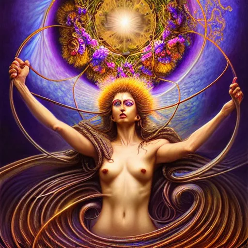 Image similar to A beautiful detailed orixa, tarot card, by tomasz alen kopera and Justin Gerard and a bouquet of ethereal big colorful transparent entangled flowers on the background, direct sunlight, glowing, vivid, detailed painting, Houdini algorhitmic pattern, by Ross Tran, WLOP, artgerm and James Jean, masterpiece, award winning painting