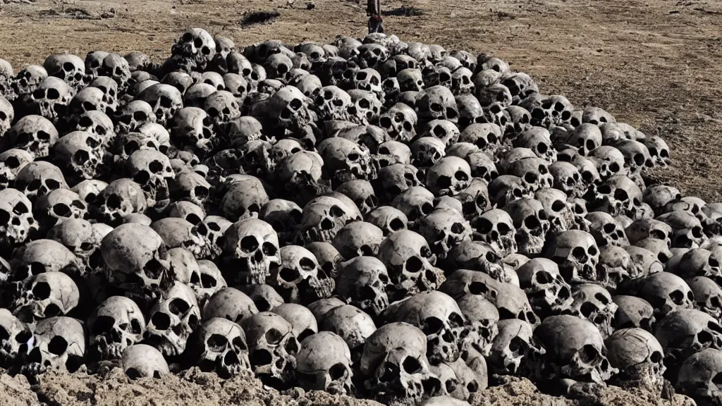 Image similar to a big pile of human skulls in a wasteland with vultures