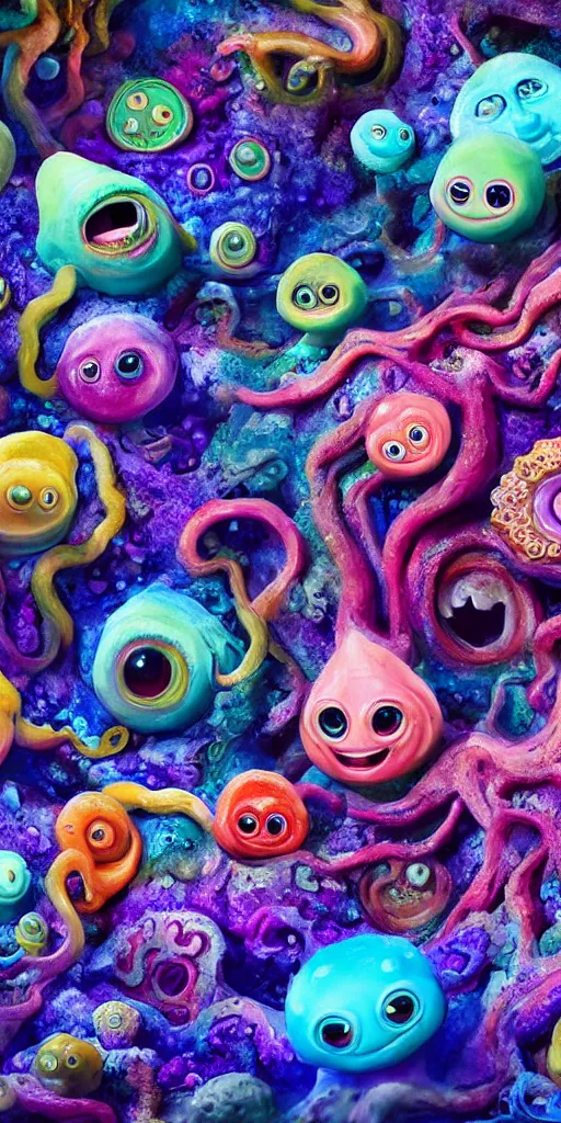 Image similar to of a colorful deep sea cave with strange cute friendly happy creatures with huge eyes, mouth, long tongue and round teeth appearing from sandy coral, in the style of gehry and gaudi, macro lens, shallow depth of field, ultra detailed, digital painting, trending artstation, concept art, illustration, cinematic lighting, photorealism, epic, octane render