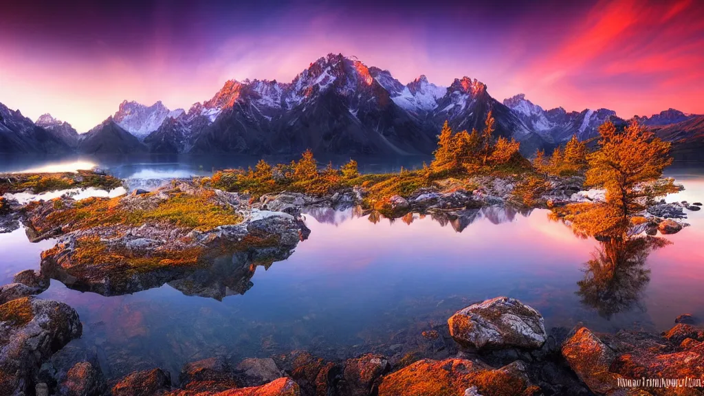 Image similar to amazing landscape photo of mountains with lake in sunset by marc adamus, beautiful dramatic lighting