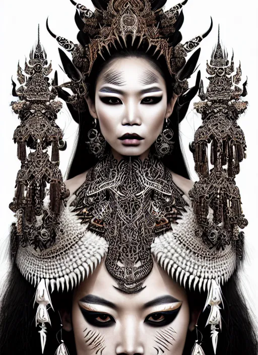 Prompt: a fierce looking beautiful young thai woman with symmetrical white makeup, wearing an intricate headdress made from bones and leather, wearing large earrings made from white bones, hyperdetailed illustration by irakli nadar and alexandre ferra, intricate linework, in the style of a national geographic portrait, unreal engine 5 highly rendered, global illumination, radiant light, detailed and intricate environment