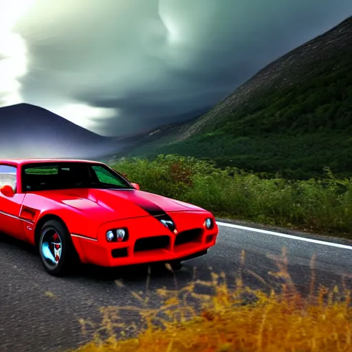 Image similar to black pontiac firebird trans - am driving towards the camera, huge spider creature in the background, norway mountains, valley, lake, dynamic, cinematic, motionblur, volumetric lighting, wide shot, low angle, red glow in sky, large lightning storm