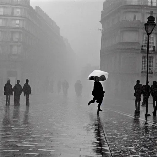 Image similar to the man leaping with an umbrella in a raining paris street, by henri cartier bresson,