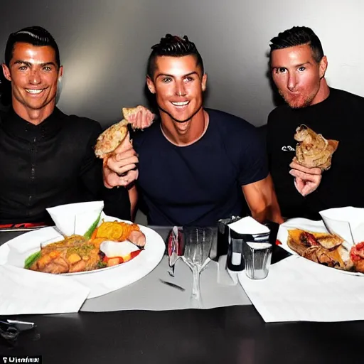 Image similar to Cristiano Ronaldo, Messi and yoda eat dinner together