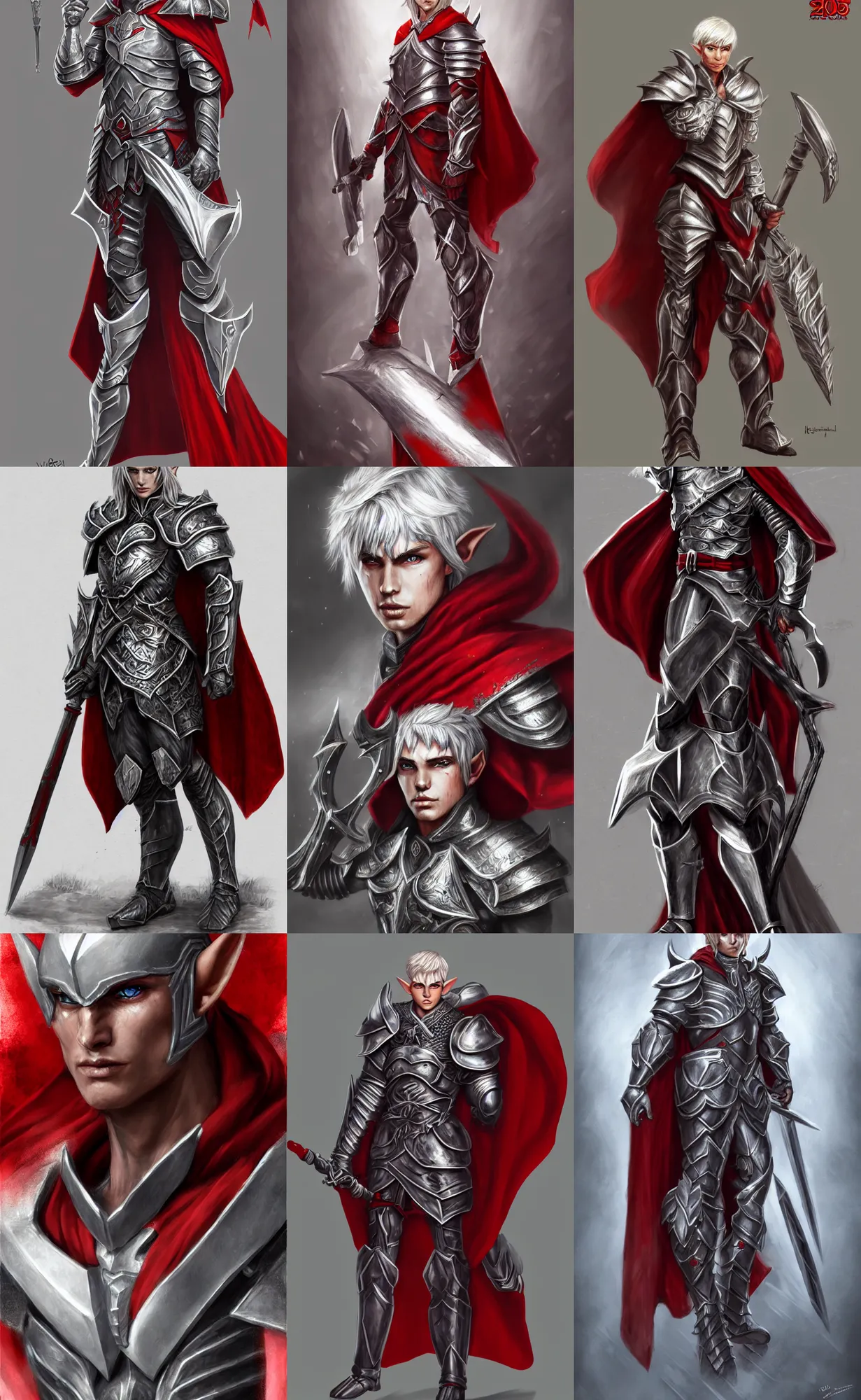 Prompt: A male elf, 20 years old, short silver hair, red eyes, wearing heavy armor with cape, lean but muscular, attractive, command presence, royalty, weathered face, gritty, hard shadows, smooth, illustration, concept art, highly detailed, muscle definition, ArtStation, ArtStation HQ