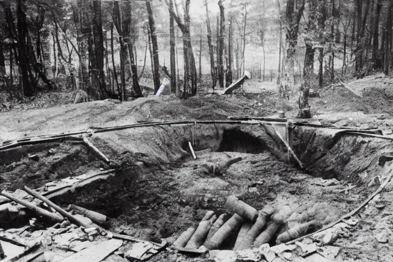 Prompt: black and white 1 9 3 0 s photograph the of a giant demon arm sticking out of a deep gigantic circular smoking construction pit in pennsylvania woods in june, human bodies, bent rebar, broken concrete, shovels, ominous, chaotic, grainy film
