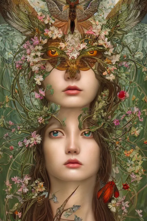 Prompt: breathtaking detailed concept art painting of the goddess of moth, orthodox saint, with anxious, piercing eyes, ornate background, amalgamation of leaves and flowers, by Hsiao-Ron Cheng, James jean, Miho Hirano, Hayao Miyazaki, extremely moody lighting, 8K