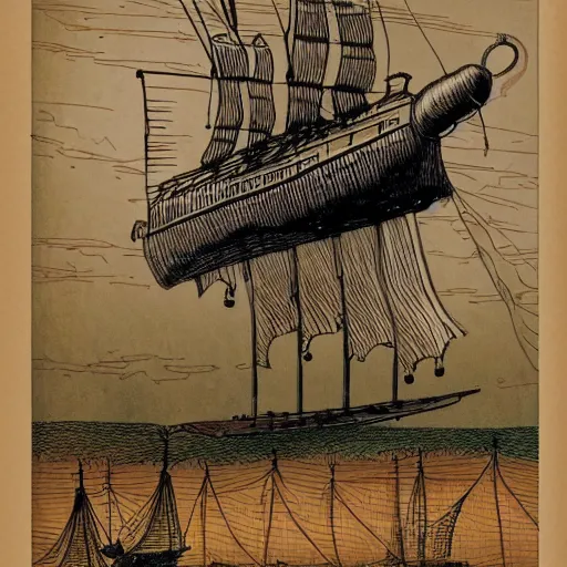 Image similar to a steampunk airship with sails, drawn by Jon Scieszka