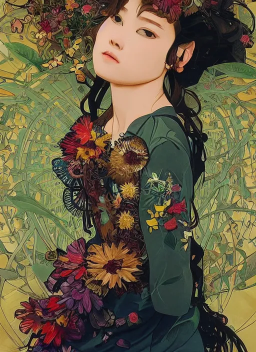 Image similar to !!! very coherent!!! oil painting, beautiful floralpunk iban bio mechanical portrait girl female illustration detailed patterns art of sarawak traditional dress, flower pop art, floral splash painting, art by ashley wood, alphonse mucha, makoto shinkai, geof darrow, dark shadow