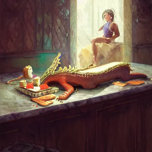 Prompt: Dragon with body of cake, sleeping on the kitchen counter of a magical bakery, oil painting, by Fernanda Suarez and and Edgar Maxence and greg rutkowski