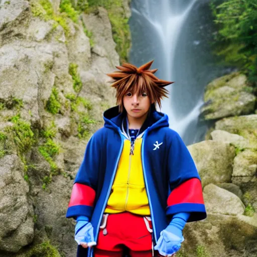 Prompt: kingdom hearts sora cosplay near waterfall photo photography low angle detailed face 85mm