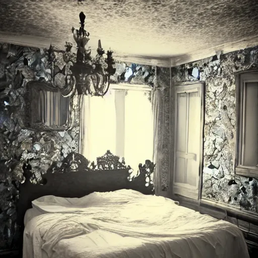 Prompt: haunted house bedroom, interior, retro 1 9 0 0, vintage, dark wood, victorian textiles, cobwebs, mirrors, antiques, atmospheric, desaturated