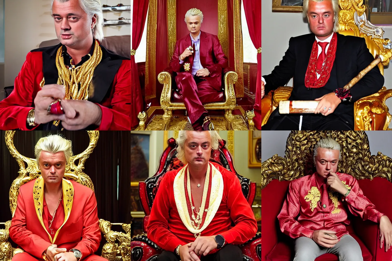 Prompt: geert wilders wearing a silk shirt and many gold rings and necklaces, sitting in a red plush throne and smoking a cigar
