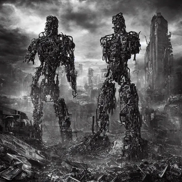 Image similar to gritty humanoid apocalyptic cyborg standing amongst destroyed machinery, hyper - detailed, sharp focus, 4 k ultra hd, fantasy dark art, apocalyptic art