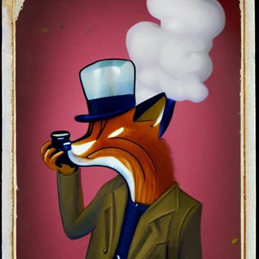 Prompt: a polygamous fox with a hat drinking beer and smoking e - cigarette, studio photo