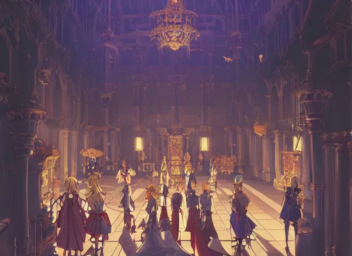 Image similar to key anime visual portrait of a castle's main hall interior with throne, servants, nobles, dynamic pose, dynamic perspective and angle, cinematic, film grain, designed by yoh yoshinari, detailed, intricate, at night, dramatic lighting, costumes by mika pikazo