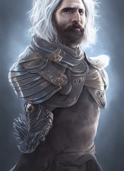 Prompt: an epic fantastic realism comic book style portrait painting of an aasimar paladin, male, shaggy silver hair, short brown beard, intense face, d & d concept art, unreal 5, daz, petrol aesthetic, octane render, cosplay, rpg portrait, dynamic lighting