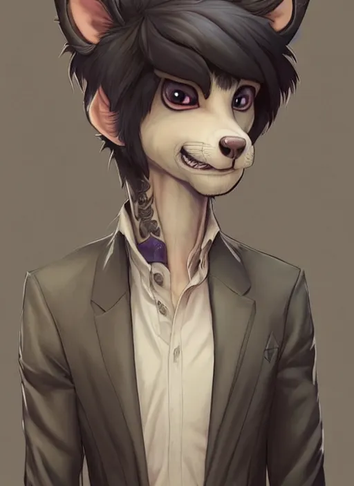 Image similar to character portrait of a male anthro opossum fursona with a tail and a cute beautiful attractive detailed furry face wearing a dress shirt and slacks outside a city tattoo parlor. Character design by charlie bowater, ross tran, artgerm, and makoto shinkai, detailed, inked, western comic book art