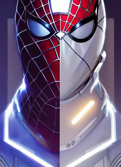 Image similar to symmetry!! portrait of spiderman, sci - fi armour, tech wear, glowing lights!! sci - fi, intricate, elegant, highly detailed, digital painting, artstation, concept art, smooth, sharp focus, illustration, art by artgerm and greg rutkowski and alphonse mucha