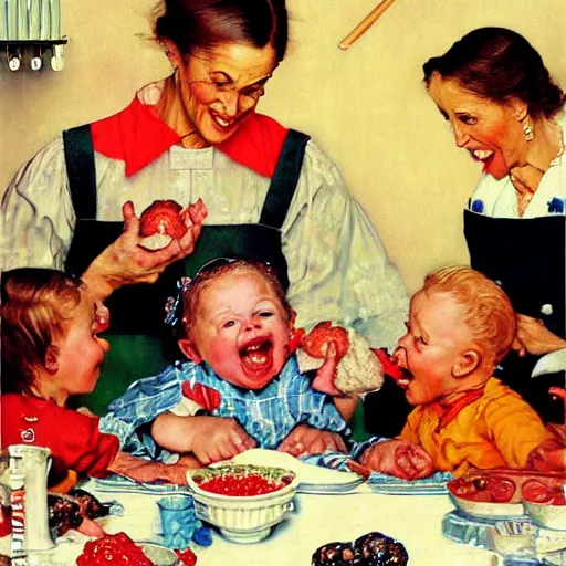 Prompt: hyper realistic hight detailed grandmother with a big mouth eating babies on the table in the russian kitchen, style by norman rockwell, bright colors, 4 k, 1 6 k, 3 2 k