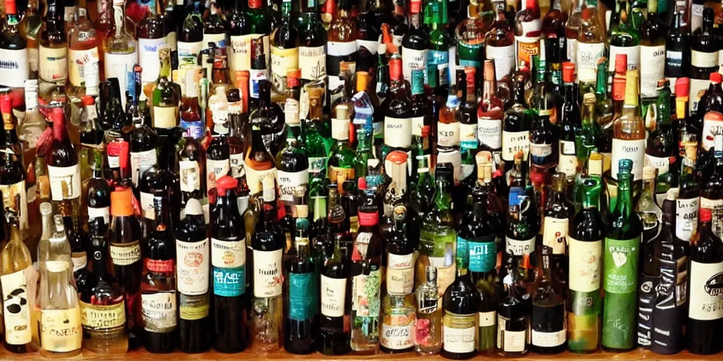 Prompt: lots of bottles of alcohol