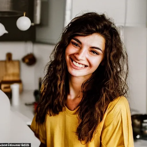 Image similar to a candid portrait of a brunette female, young, athletic, australian, pixellated face, wearing a gold tshirt in a kitchen, closeup