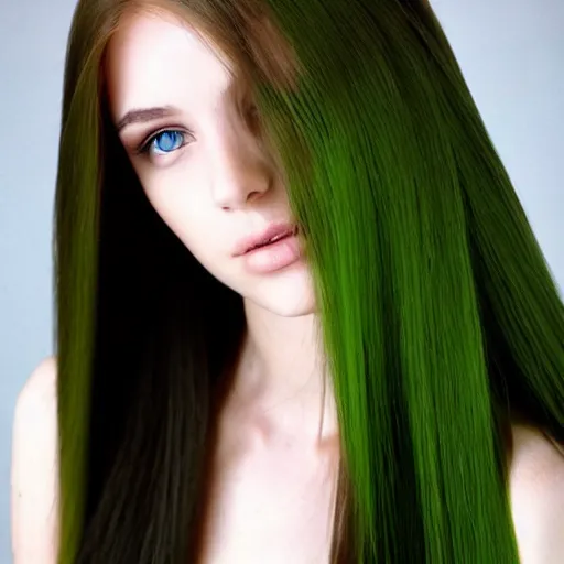 Image similar to add long straight hair to photo, very pretty model, heart shaped face, green eyes