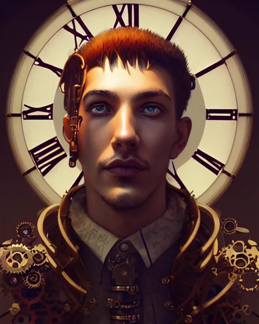Image similar to male portrait, steampunk clock tower, steampunk city, intricate steampunk gears, complex 3 d render by ilya kuvshinov, peter mohrbacher, greg rutkowski, ryohei hase, dramatic lighting, intricate, highly detailed, sharp focus, luminous, unreal engine, blender, deviant art, masterpiece, ray tracing