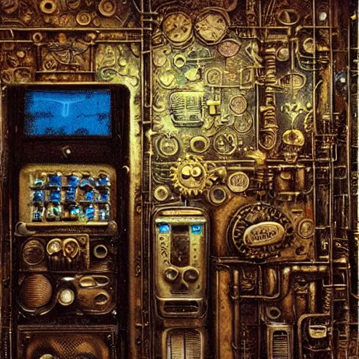 Prompt: steampunk landscape with vending machine, filigree ornaments, beksinski