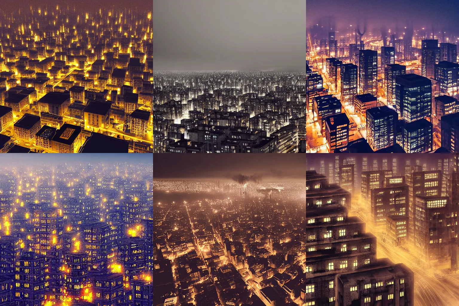 Prompt: Birds eye view of an oppressive industrial city at night, pollution, foggy, rectangular city grid with very narrow streets, few streets, tall brutalist architecture buildings with very few windows, all buildings with the same height, city lights spilling upwards above the top of the buildings, digital art,