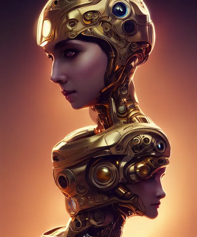 Prompt: futuristic woman android portrait, sci-fi female, azure eyes, face, short hair tomboy, cyberpunk, intricate, elegant alabaster skin, highly detailed gold filigree, digital painting, artstation, concept art, smooth, sharp focus, illustration, art by artgerm and greg rutkowski and alphonse mucha