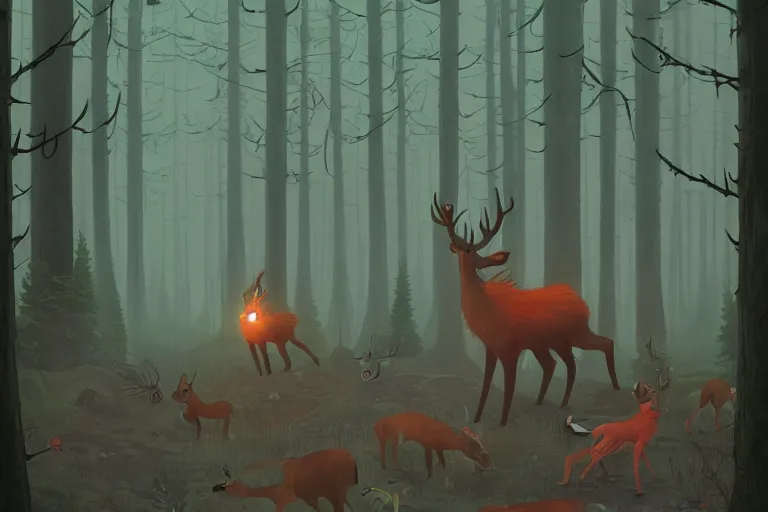 Image similar to Meeting the Forest Guardian, by Simon Stålenhag. Trending on artstation, children book illustration, spirit deer