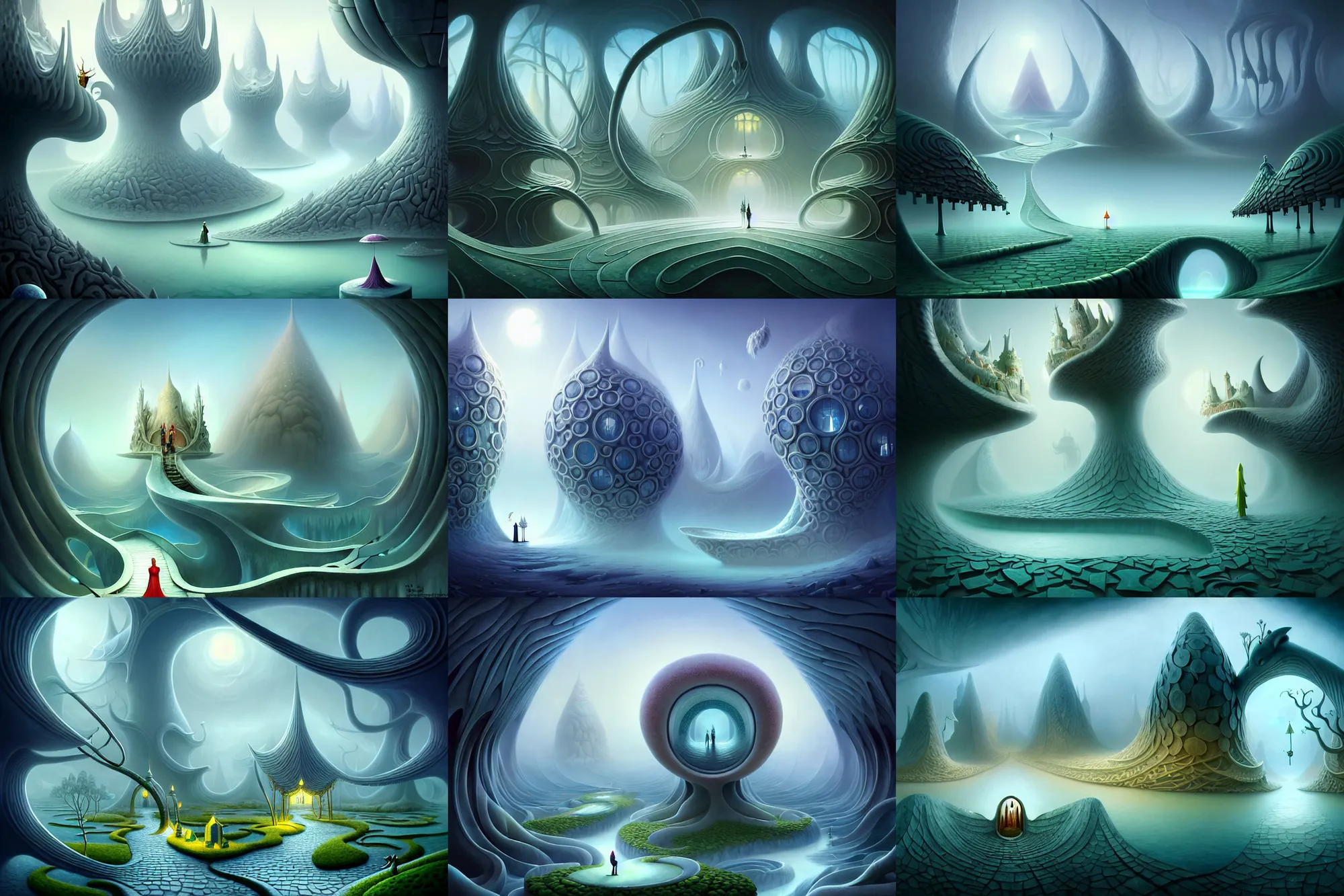 Prompt: a beguiling mysterious masterpiece fantasy matte painting of an impossible path winding through arctic dream worlds with surreal architecture designed by heironymous bosch, structures inspired by heironymous bosch's garden of earthly delights, surreal ice interiors by cyril rolando and asher durand and natalie shau, insanely detailed, whimsical, intricate, sharp focus