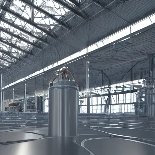 Image similar to big metallic capsule connected to pipelines, purpose is pump, standing in large industrial hall, designed by best engineers, raytracing, reflections