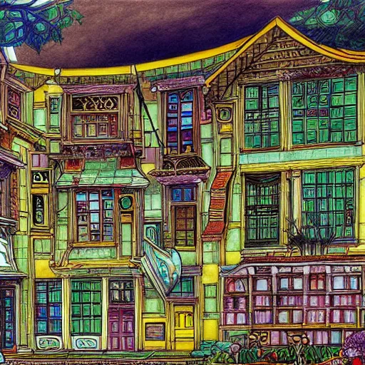 Prompt: a drawing of a house with a lot of windows, concept art by toriyama sekien, pixiv, maximalism, concept art, official art, maximalist