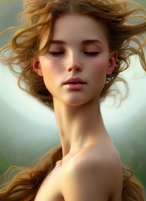 Image similar to perfectly feminine face meditation!! murky lighting, wind blowing, full body portrait of young fairy goddess blessed by nature with ever - increasing physical mental perfection, blonde, symmetrical! intricate, sensual, highly detailed, biblical divine holy perfection!! digital painting, artstation, concept art, smooth, sharp focus, by artgerm and greg rutkowski and alphonse mucha