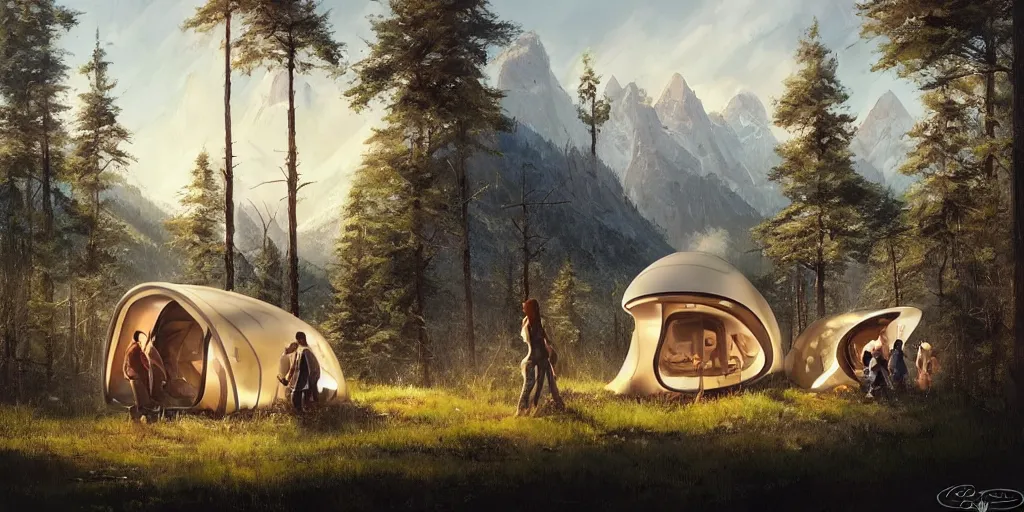 Image similar to cabela's tent futuristic pop up family pod, cabin, modular, person in foreground, mountainous forested wilderness open fields, beautiful views, painterly concept art, joanna gaines, environmental concept art, farmhouse, magnolia, concept art illustration by ross tran, by james gurney, by craig mullins, by greg rutkowski trending on artstation