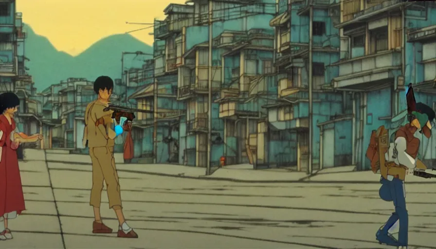 Prompt: 1 9 8 6 anime screencap of a couple with a gun on a rio de janeiro anime, by hayao miyazaki, studio ghibli, beautiful favela background extremely utra high quality artwork 8 k