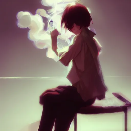 Prompt: smoking a cigarette by krenz cushart stu dts yoshiku wlop, white smoke, dramatic lighting, chromatic aberration, white smoke, trending on ArtStation Pixiv