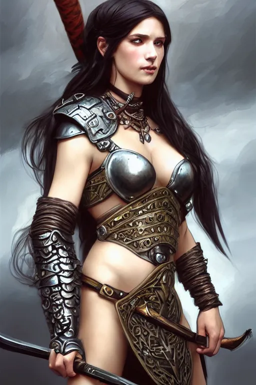 Image similar to Portrait of seductive female barbarian, D&D, revealing stylish dress like metal armor, choker on neck, long flowing hair, mouth slightly open, slight nerdy smile, fantasy, intricate, elegant, highly detailed, digital painting, artstation, concept art, smooth, sharp focus, illustration, art by artgerm and greg rutkowski and alphonse mucha