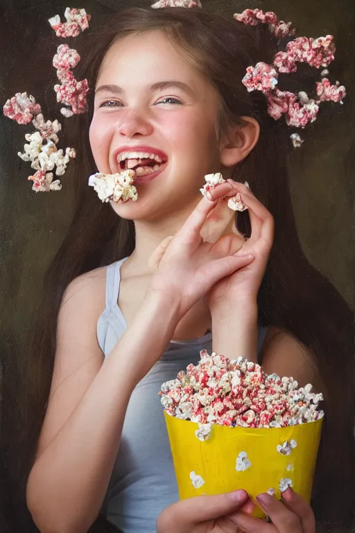 Image similar to portrait ancient of a happy girl, lots of flowers and popcorn around, hyperrealistic, hightech