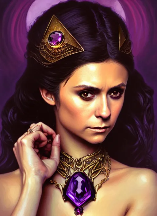 Image similar to portrait of nina dobrev as a vampire queen, jewelry, greek, amethyst, intricate, headshot, highly detailed, digital painting, artstation, concept art, sharp focus, cinematic lighting, illustration, art by artgerm and greg rutkowski, alphonse mucha, cgsociety