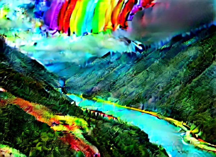 Image similar to hyperrealism, detailed textures, a rainbow over a valley in nepal, a gentle river winding through rolling hills with yellow red and blue flowers, sharp focus, ultra realistic, ultra high pixel detail, cinematic, intricate, cinematic light, concept art, illustration, art station, unreal engine 8 k