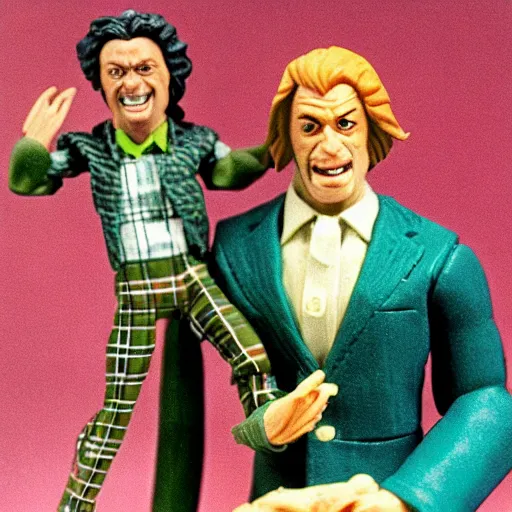 Image similar to plastic wolfman action figure with faded green face dressed in a plaid suit. 1 9 7 9 vintage