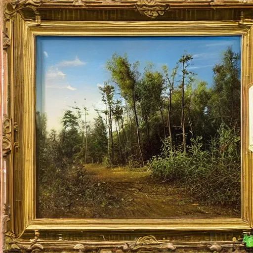 Image similar to a beautiful painting of an abandoned overgrown 7 - eleven by ivan shishkin, masterpiece